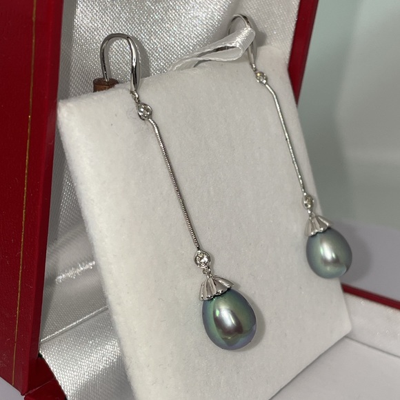 Solid Stamped 14K White Gold Tahitian Pearl Natural Diamond Bezel Drop Earrings - Picture 9 of 13